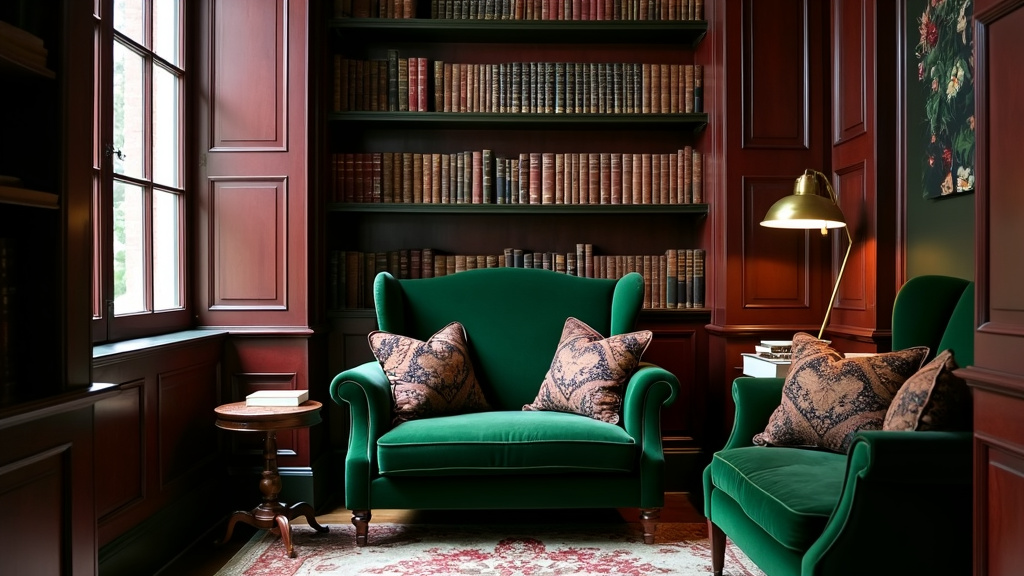 A luxurious green velvet armchair in a Victorian-style reading nook with wood bookshelves and decor.