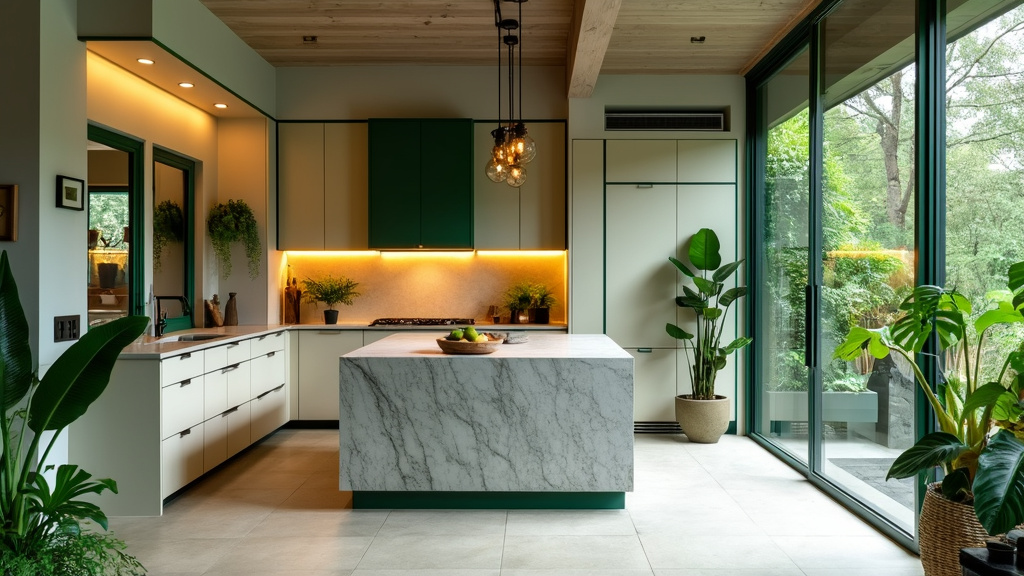 A bright kitchen with large windows, greenery outside, light cabinetry, deep green trims, and a stone island.