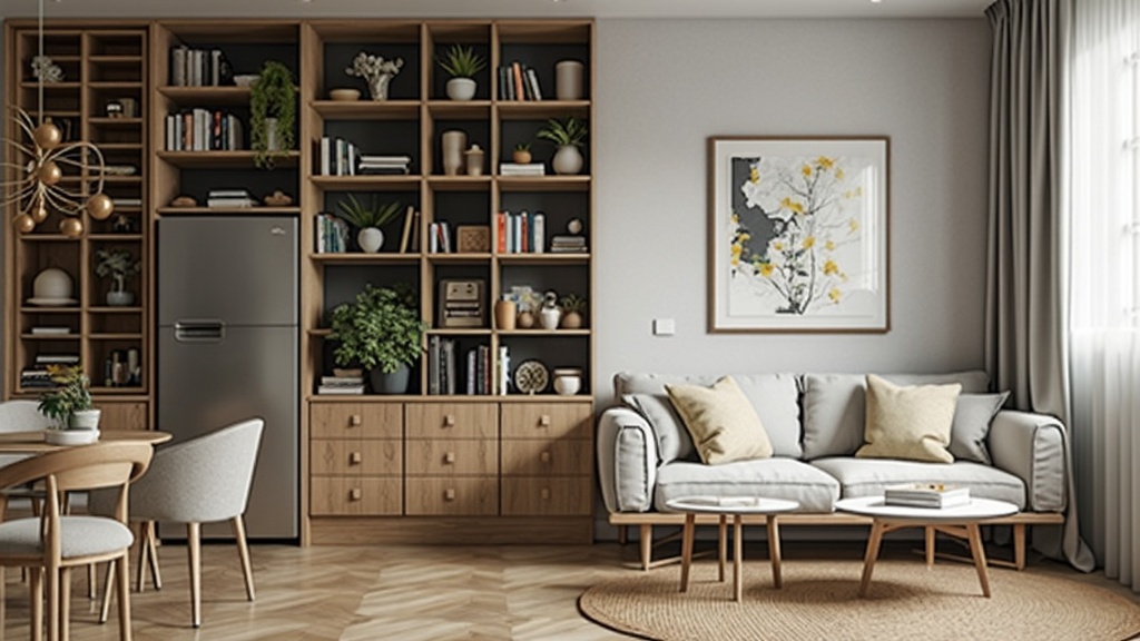 Image of a small apartment with tall bookshelves, floating shelves above furniture, and high artwork.