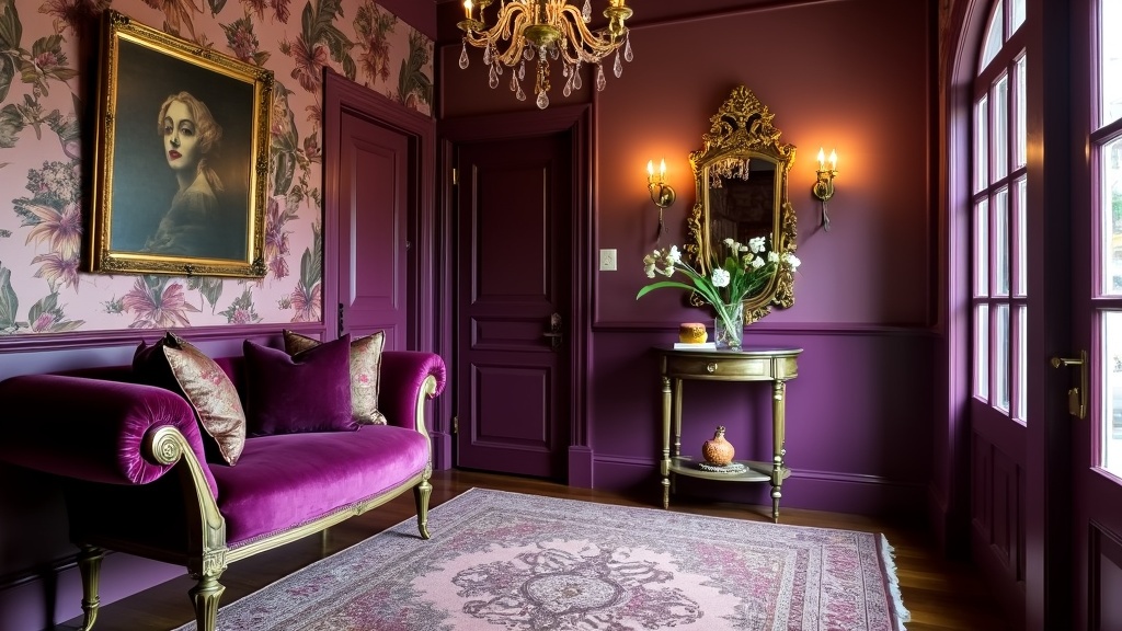 Victorian entryway with velvet settee, ornate pillows, vintage chandelier, and floral wallpaper.