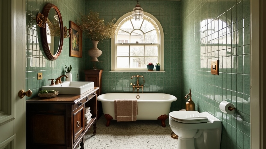 Small bathroom with vintage accents, featuring antique fixtures and retro tiles for a charming ambiance.