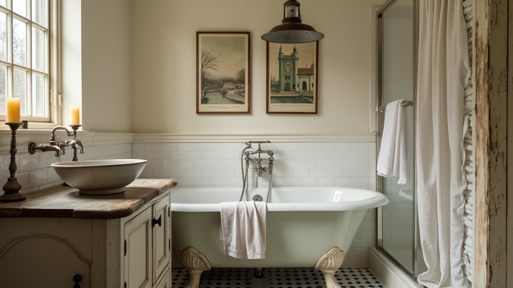 A vintage-inspired shower tub combo featuring a clawfoot tub, subway tiles, and antique fixtures.