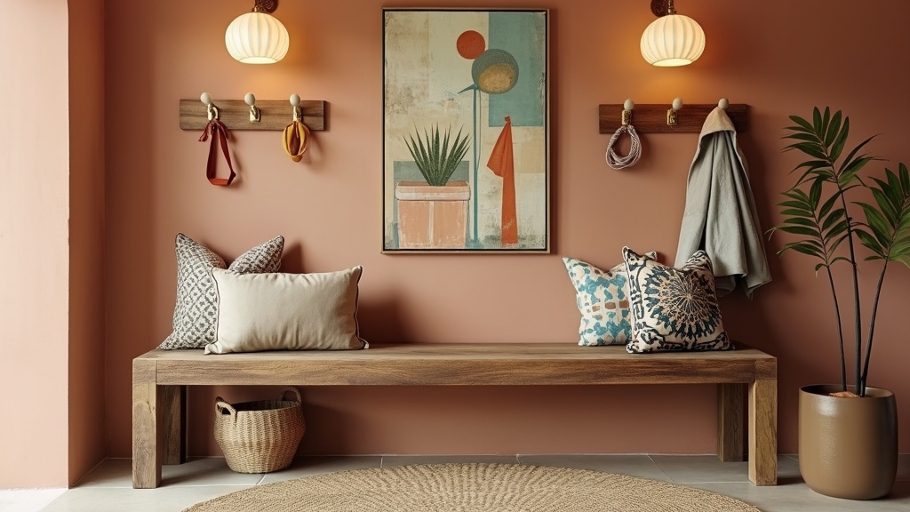 Vintage charm entryway with a rustic console table, patterned pillows, quirky hooks, and warm colors.