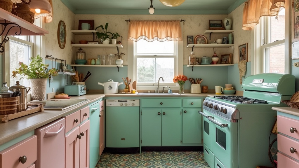 Cozy galley kitchen with vintage appliances, pastel colors, retro fixtures, and nostalgic decor elements.