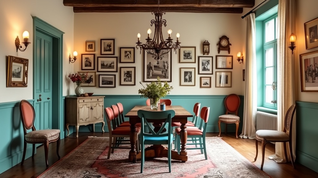 Vintage chic dining room with reclaimed wood, wrought iron, mismatched chairs, and warm neutral colors.