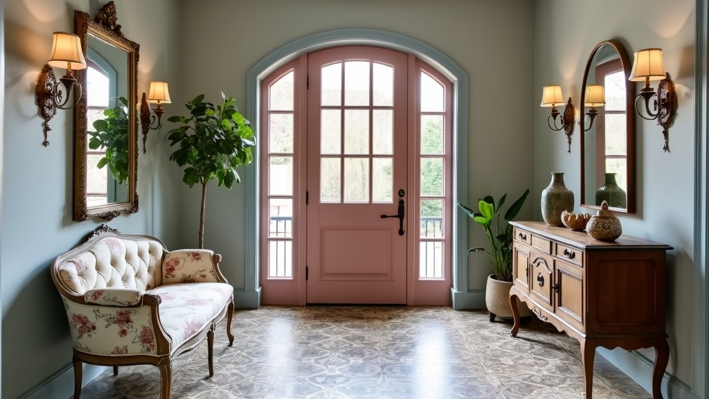 Vintage chic entryway with blue-gray walls, dusty rose door, tufted bench, rustic sideboard, and sconces.