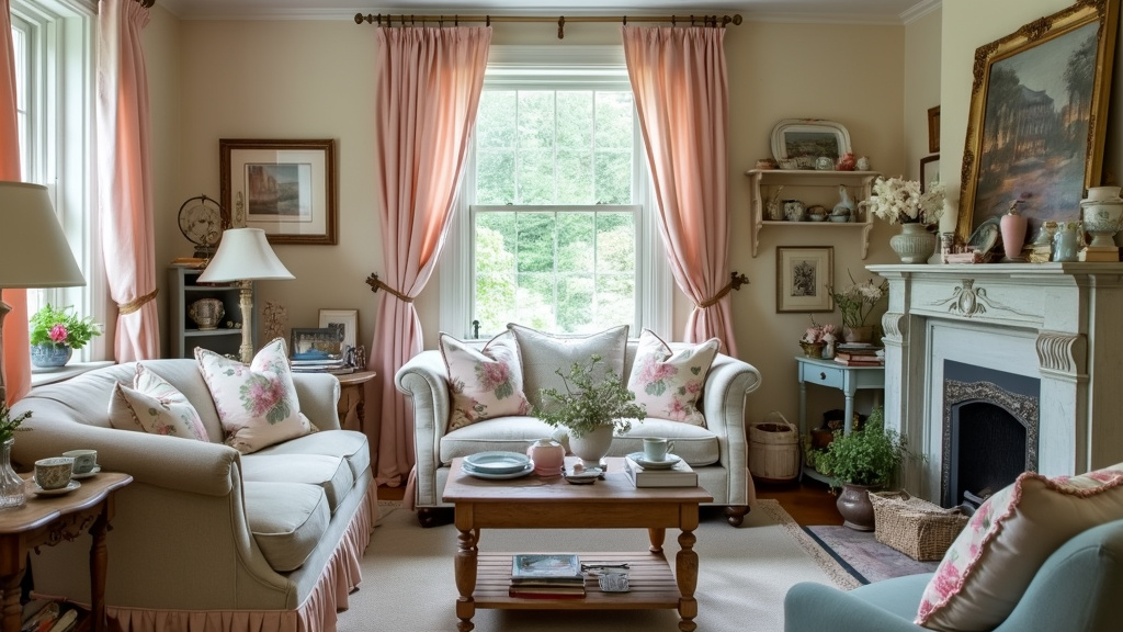 Vintage cottage living room with pastel colors, floral cushions, distressed furniture, and nostalgic accents.