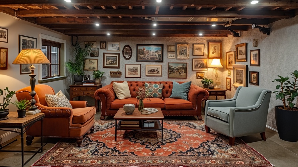 A cozy vintage eclectic living space with a retro coffee table, antique armchair, and rich textiles.