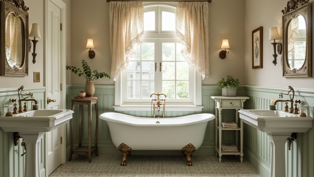 Vintage-inspired bathroom with clawfoot tub, pedestal sink, ornate tiles, and antique-style decor accents.