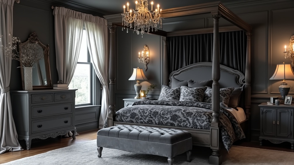 Vintage elegance bedroom with charcoal walls, four-poster bed, damask bedding, and antique furniture.