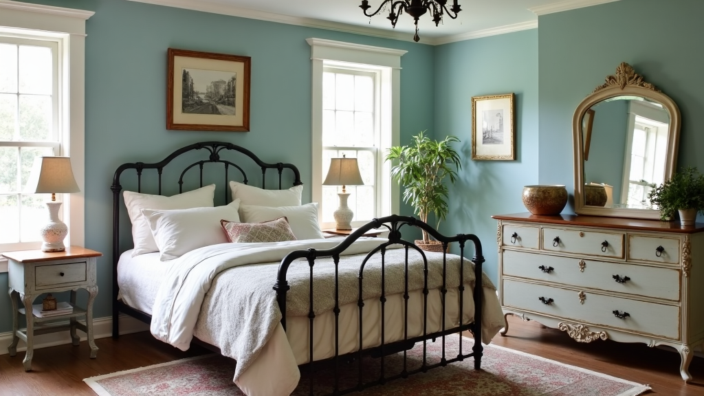 Vintage farmhouse bedroom with robin's egg blue walls, iron bed, patchwork quilts, and antique decor.