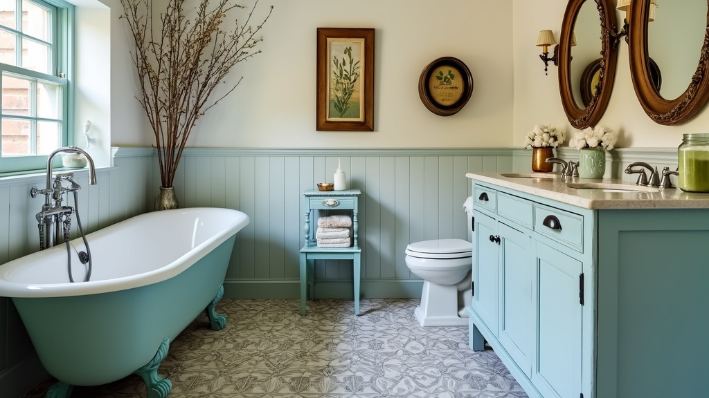 Vintage farmhouse bathroom with a sky blue clawfoot tub, hand-painted tiles, and shabby chic decor.