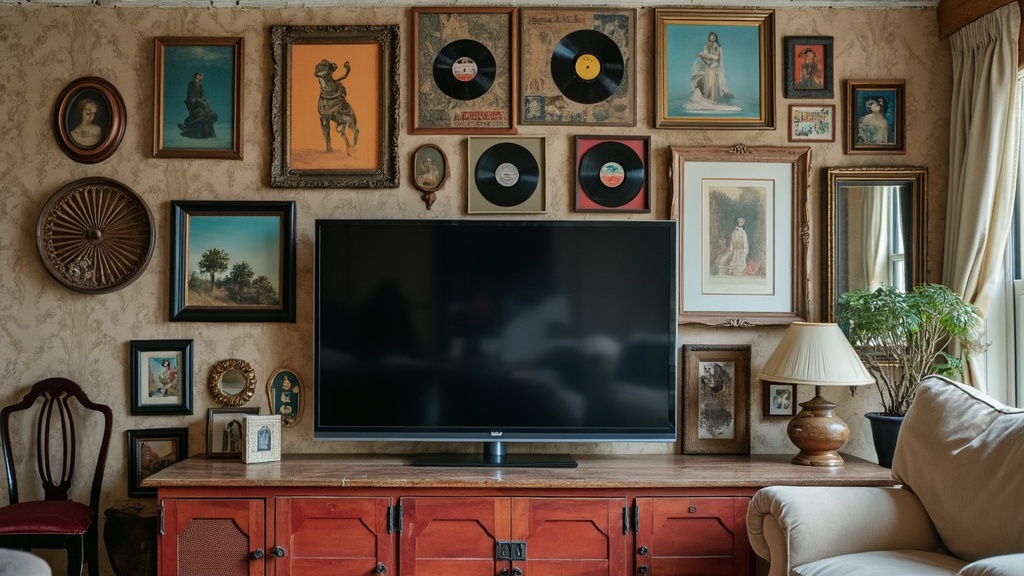 Eclectic TV wall decor featuring vintage frames, antique mirrors, and records, adding character to space.