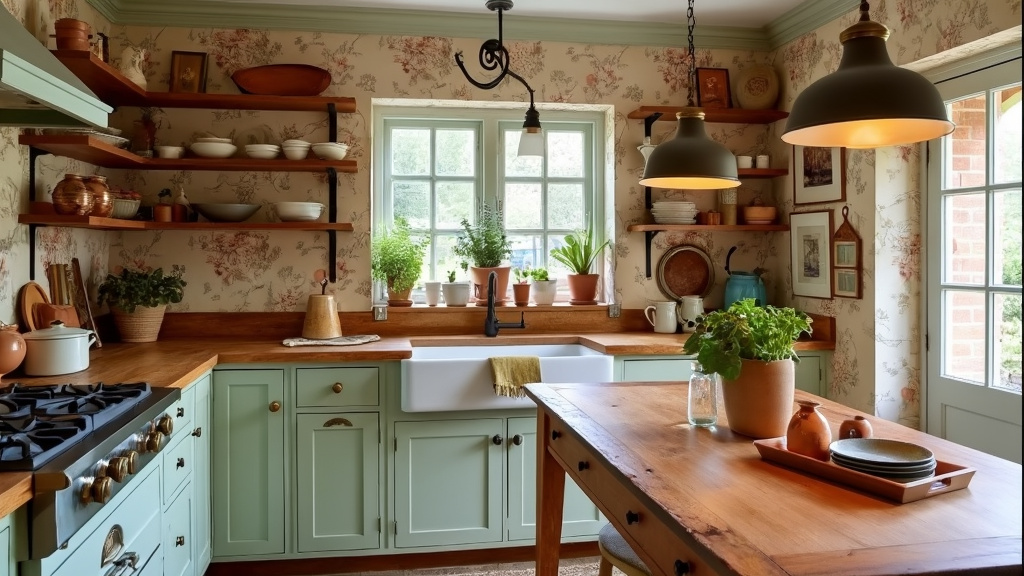 Vintage kitchen with pastel cabinets, antique brass knobs, decorative wallpaper, and a farmhouse table.