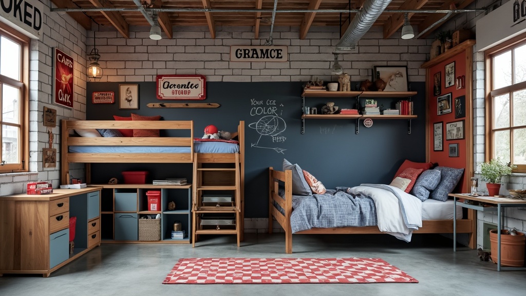 Vintage garage-themed children's room with gray concrete flooring, oak furniture, and car-themed decor.