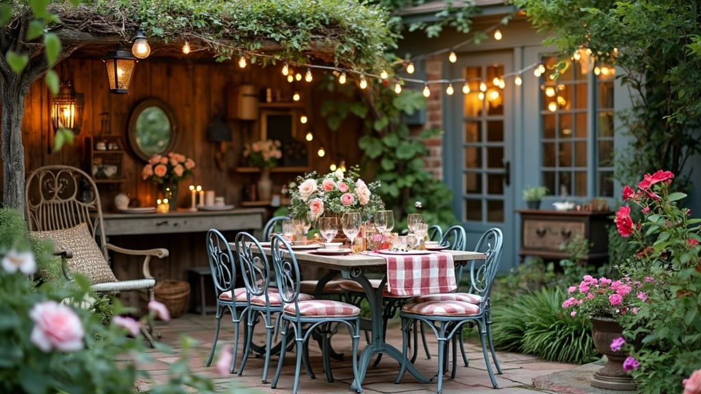 Vintage garden party setup with wrought iron furniture, string lights, and blooming flowers in patio.