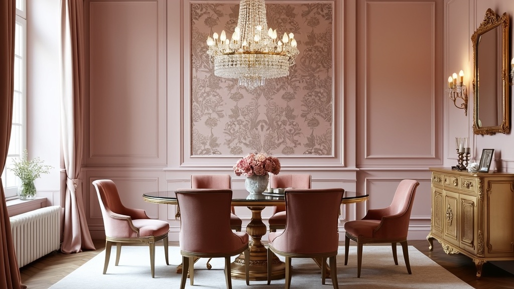 Vintage Glam Dining Room with blush walls, damask wallpaper, glass table, velvet chairs, and chandelier.
