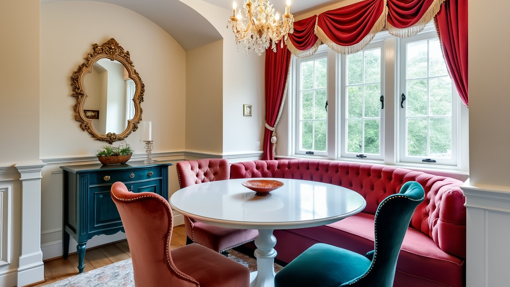 Vintage Glamour Dining Nook with white table, velvet jewel-toned chairs, and whimsical chandelier.