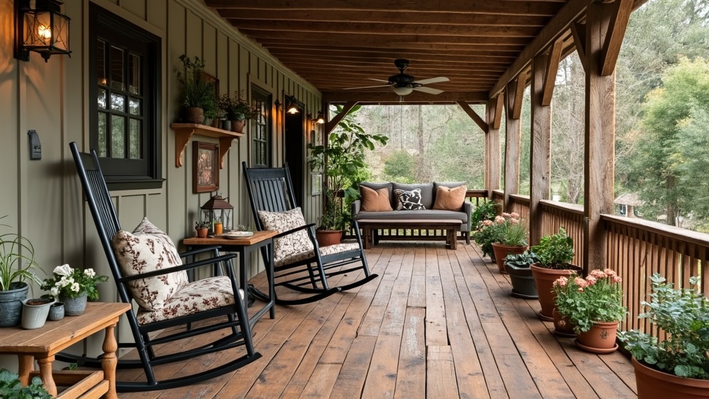 Vintage industrial patio with wooden floor, rocking chairs, coffee table, cozy textiles, and decor.