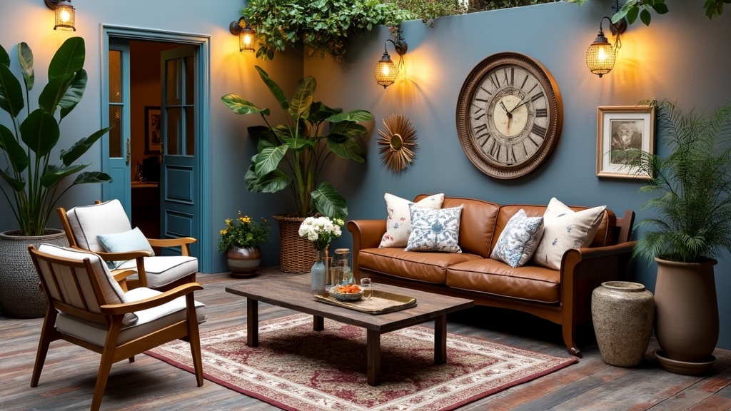 Vintage lounge with eclectic furniture, cozy atmosphere, reclaimed wood floor, and decorative plants.