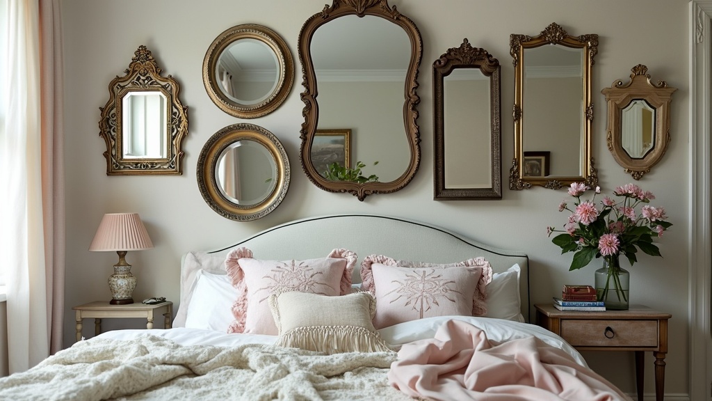 A cluster of vintage mirrors arranged asymmetrically on a bedroom wall, enhancing a cozy atmosphere.
