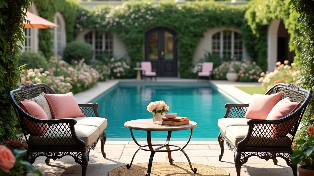 Vintage English garden with wrought iron furniture, pastel cushions, roses, peonies, and blue waters.