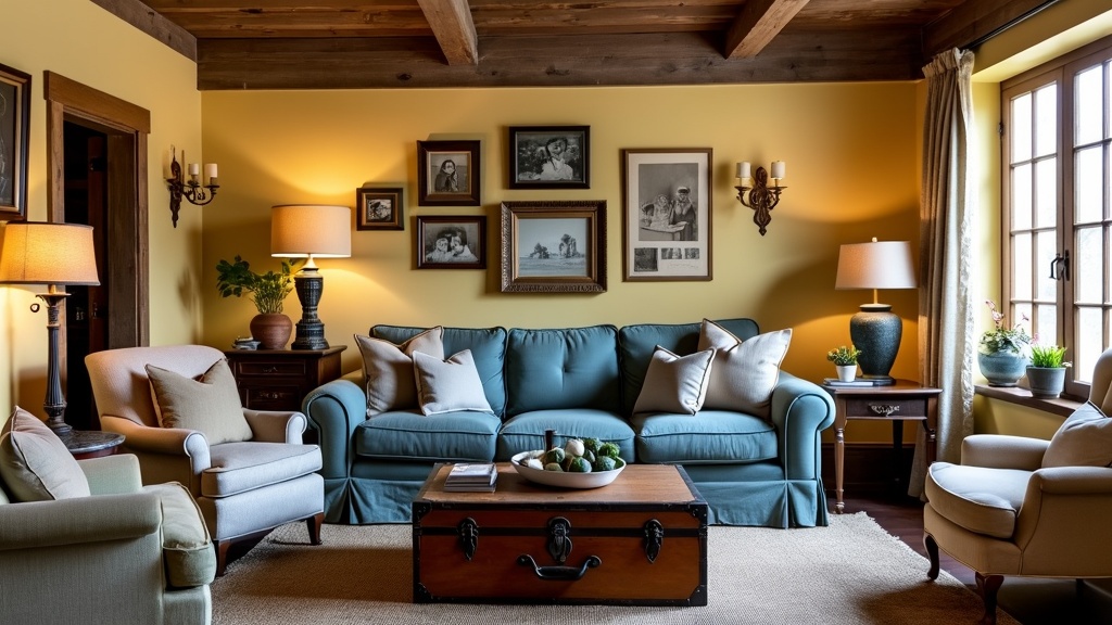 Vintage rustic living room with muted yellow walls, tufted sofa, mismatched chairs, and cozy decor.