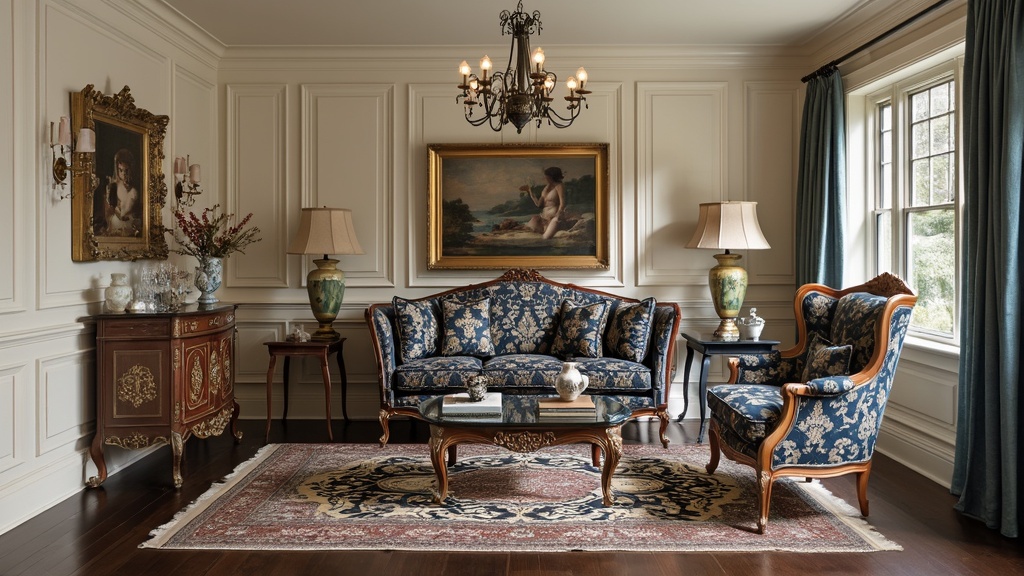 Vintage living room featuring a claw-foot sofa, antique rug, elegant chandelier, and ornate decor accents.