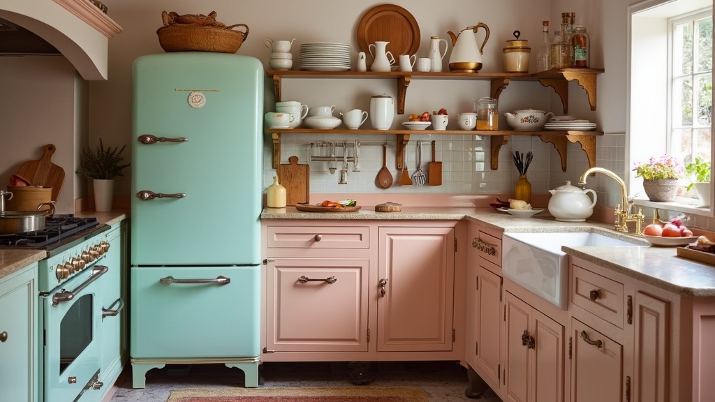 Vintage-style kitchen appliances in pastel hues create a nostalgic atmosphere with modern functionality.