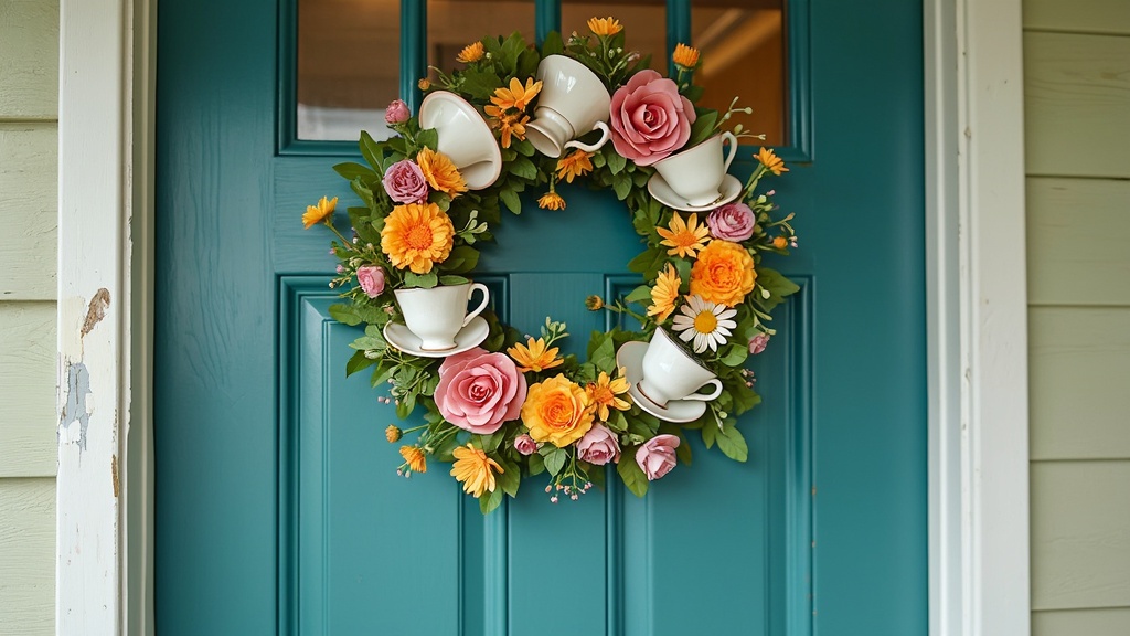 Vintage teacups filled with faux flowers and greenery arranged on a whimsical wreath for home decor.