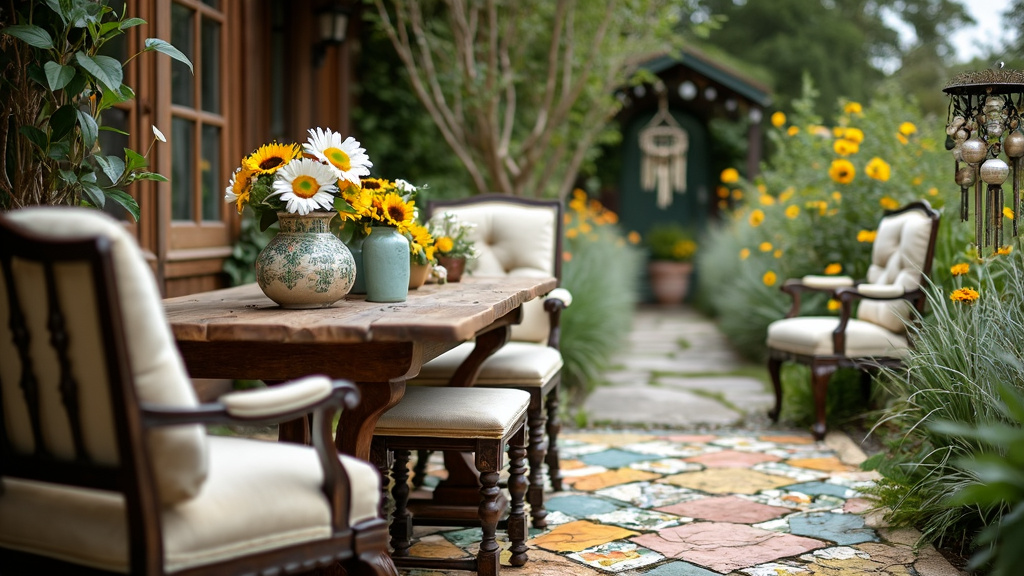 A reclaimed wooden table with vintage vases and daisies, surrounded by plush armchairs and mosaic path.