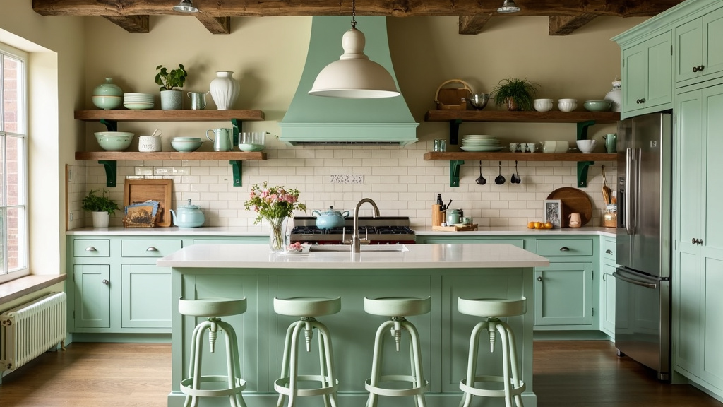 Vintage kitchen with mint green and white colors, diner stools, open shelving, and modern appliances.