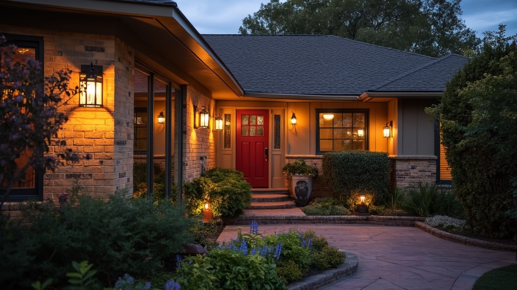 Vintage outdoor sconces and lanterns enhance a 70s ranch remodel's charm with warm, nostalgic lighting.