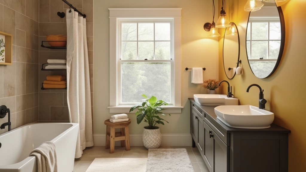 Cozy tiny bathroom with warm color palette of whites, beiges, and yellows, contrasted by dark accents.