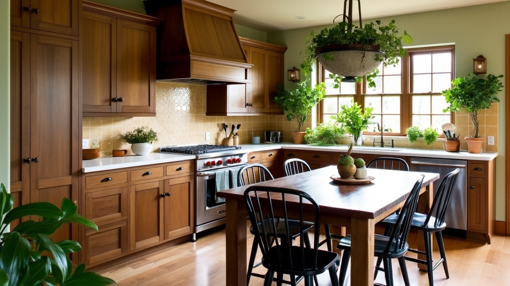 Cozy kitchen with warm earth tones, walnut cabinets, white countertops, reclaimed wood table, and greenery.