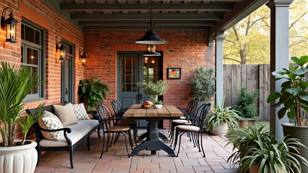 Exposed brick patio with wooden beams, rustic dining set, wrought iron chairs, and lush potted plants.