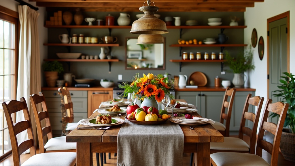 Farm-to-table dining room with reclaimed wood table, rustic chairs, fresh produce, and pendant lighting.