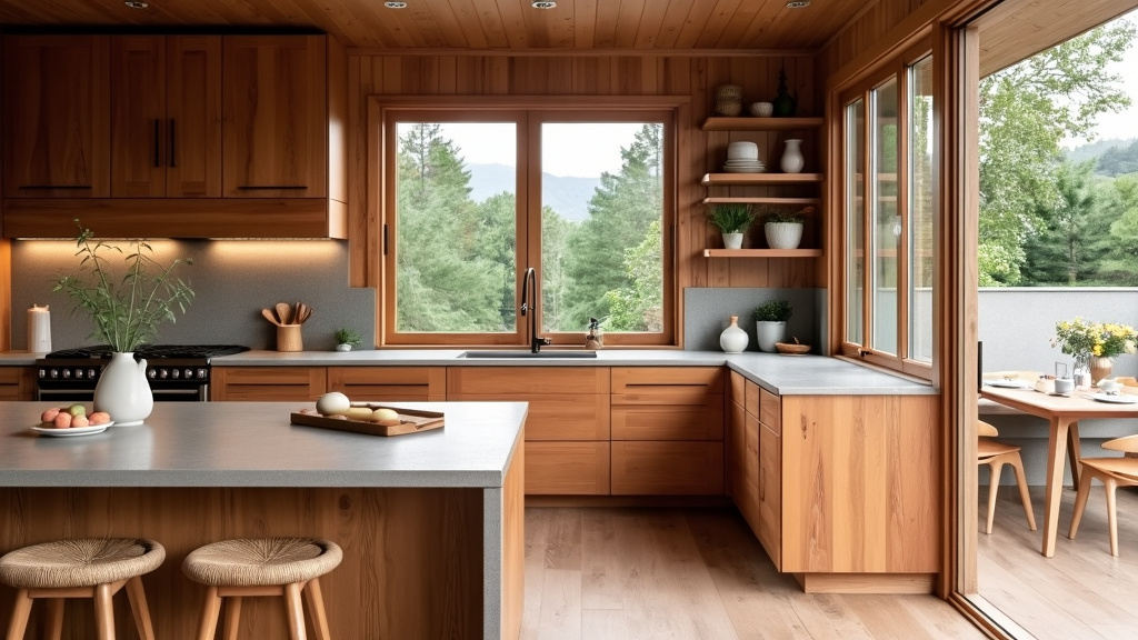 Warm wooden kitchen with cherry cabinetry, stone countertops, large windows, cozy seating, natural light.