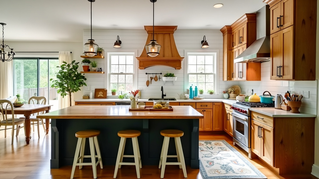 Warm wood kitchen with shiplap walls, whimsical decor, central island, and unique bar stools for gatherings.