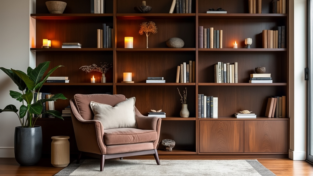 Cozy nook features dark wood armchair, light fabrics, candles, and ornamental stones for serene reading.
