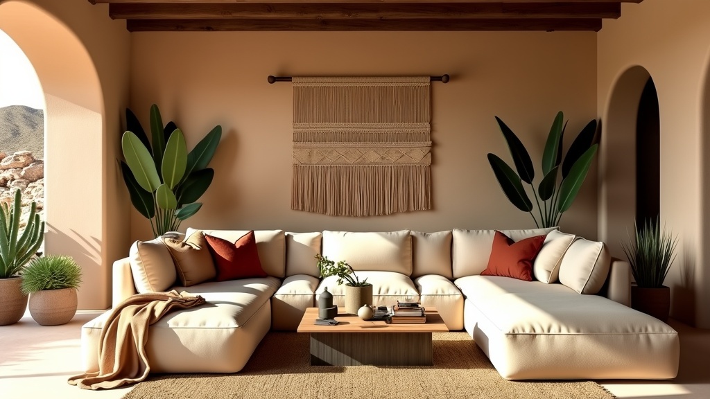 Warm desert-inspired living room with sandy colors, plush textures, sectional sofa, jute rug, and plants.