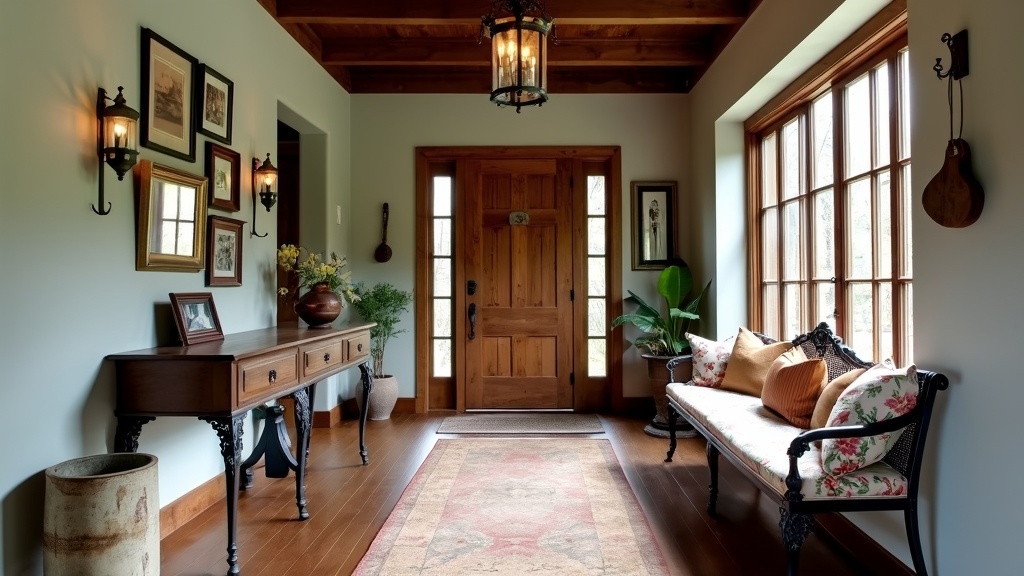 Welcoming rustic entryway with dark wooden beams, warm planked floors, and a handmade reclaimed wood door.