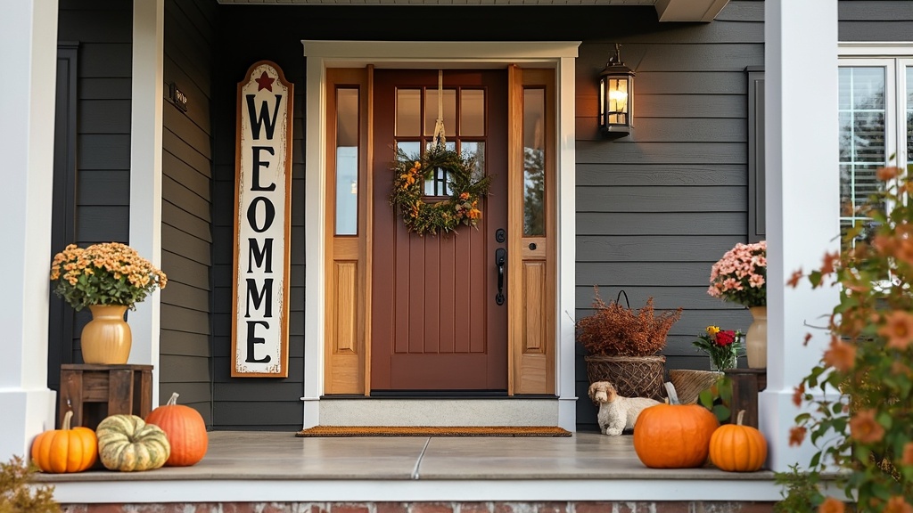 Personalized wooden sign with 'Welcome Home' near an entryway, surrounded by seasonal decor.