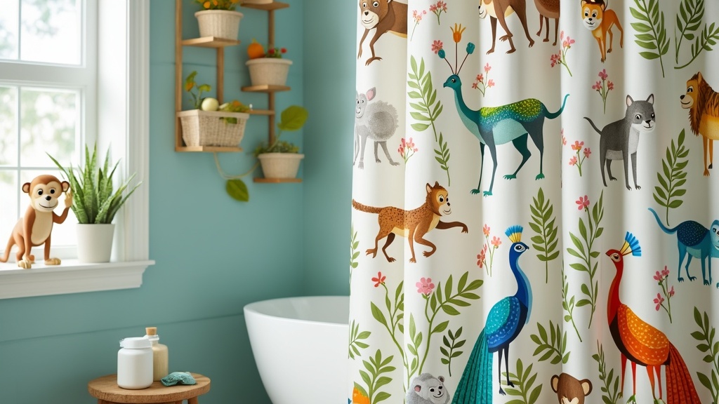 Colorful shower curtain with whimsical animal prints, complementing a family-friendly bathroom decor.