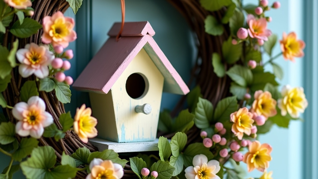 A pastel birdhouse centerpiece adorned with faux flowers and greenery on a bright front door wreath.