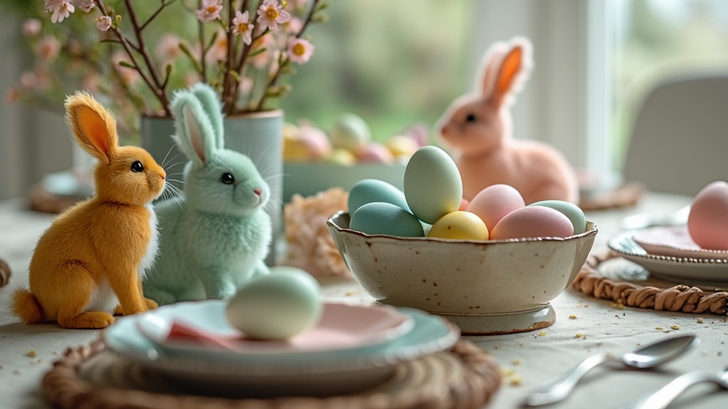 A spring table setting with bunny figurines, colorful eggs, and playful decor for a joyful atmosphere.