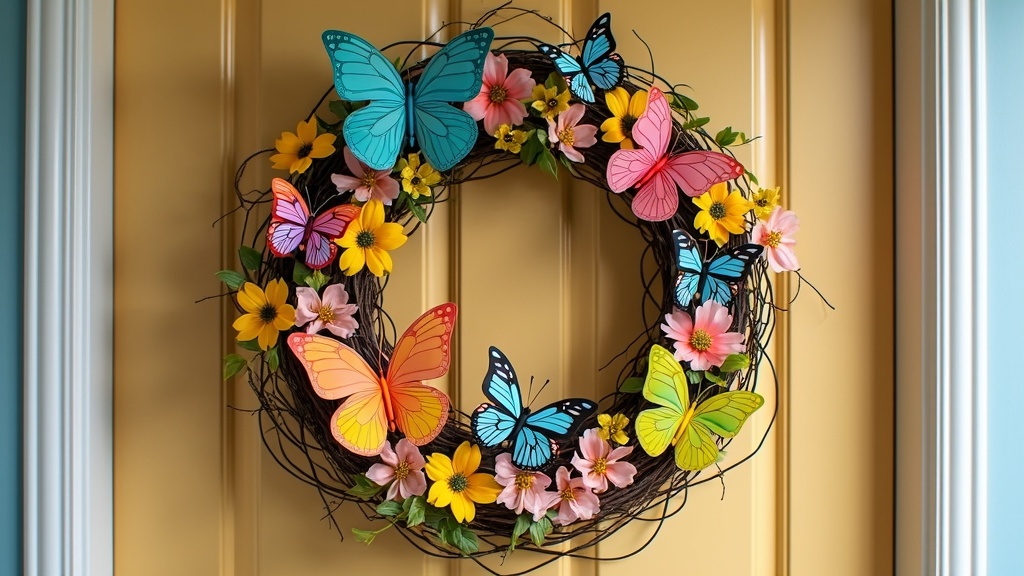 Colorful butterfly-themed wreath with faux butterflies and flowers, showcasing a playful spring vibe.