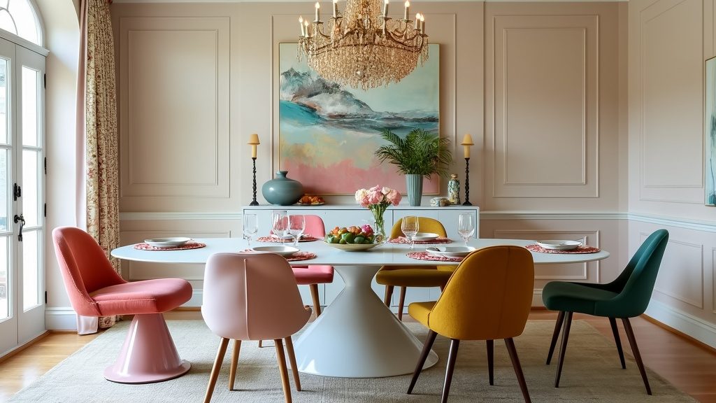 A stylish dining room featuring an oval table, mismatched chairs, pastel walls, and a grand chandelier.