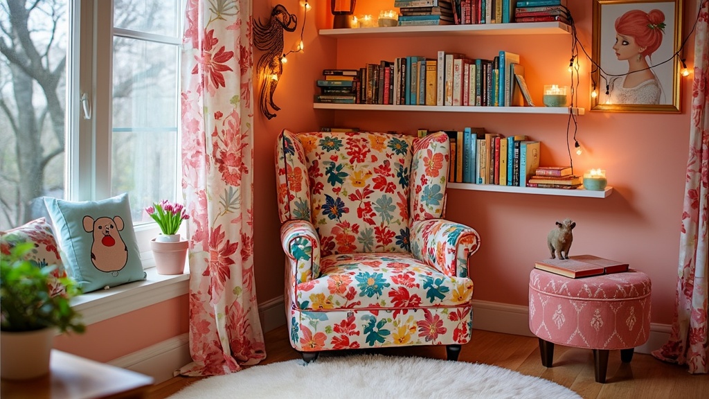 Whimsical reading nook with vibrant chair, floating bookshelves, fairy lights, and playful decor elements.
