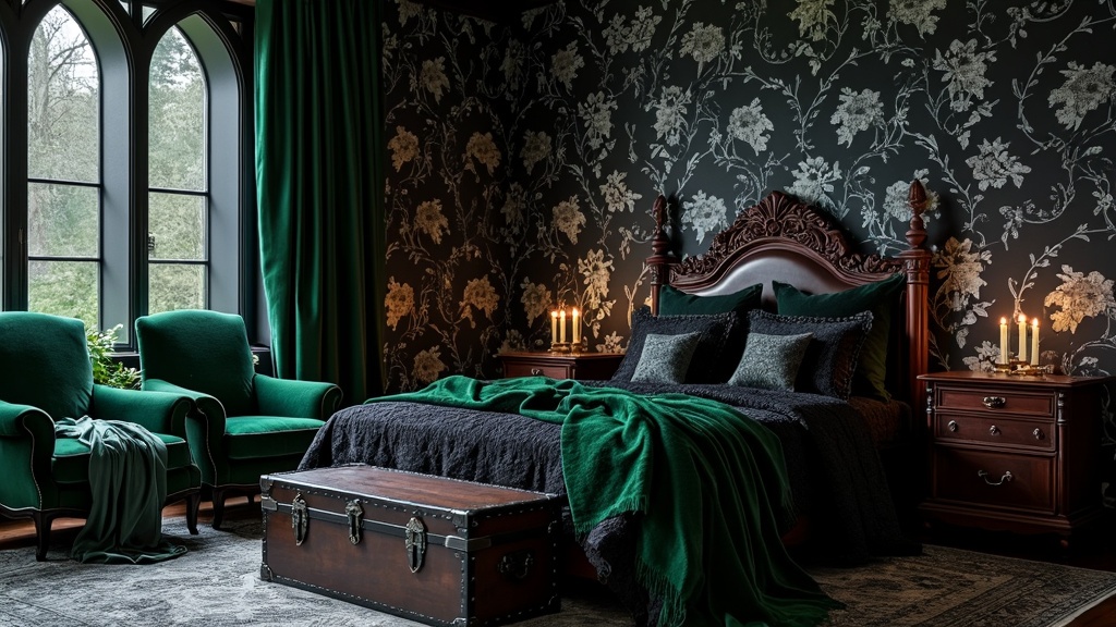 Whimsical Gothic bedroom with black wallpaper, mahogany bed, lace bedding, emerald accents, and candles.
